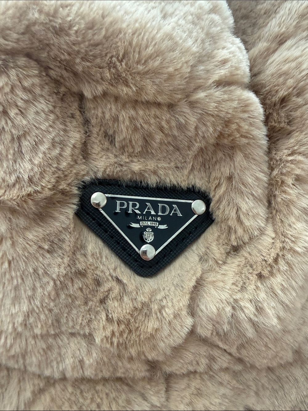 Prada Light Brown Faux Fur Bucket Hat with Logo Plaque - Picture 2 of 4